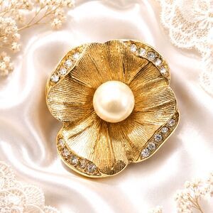 Vintage Christian Dior 1980's Gold Tone Faux Pearl Crystal Flower Brooch